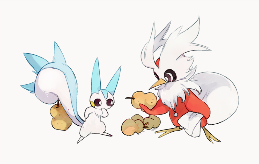 beak berry_(pokemon) bird bright_pupils commentary_request delibird food fruit gen_2_pokemon gen_4_pokemon hand_up holding holding_food holding_fruit holding_sack ngr_(nnn204204) no_humans pachirisu pokemon pokemon_(creature) sack sitrus_berry standing talons white_fur white_pupils