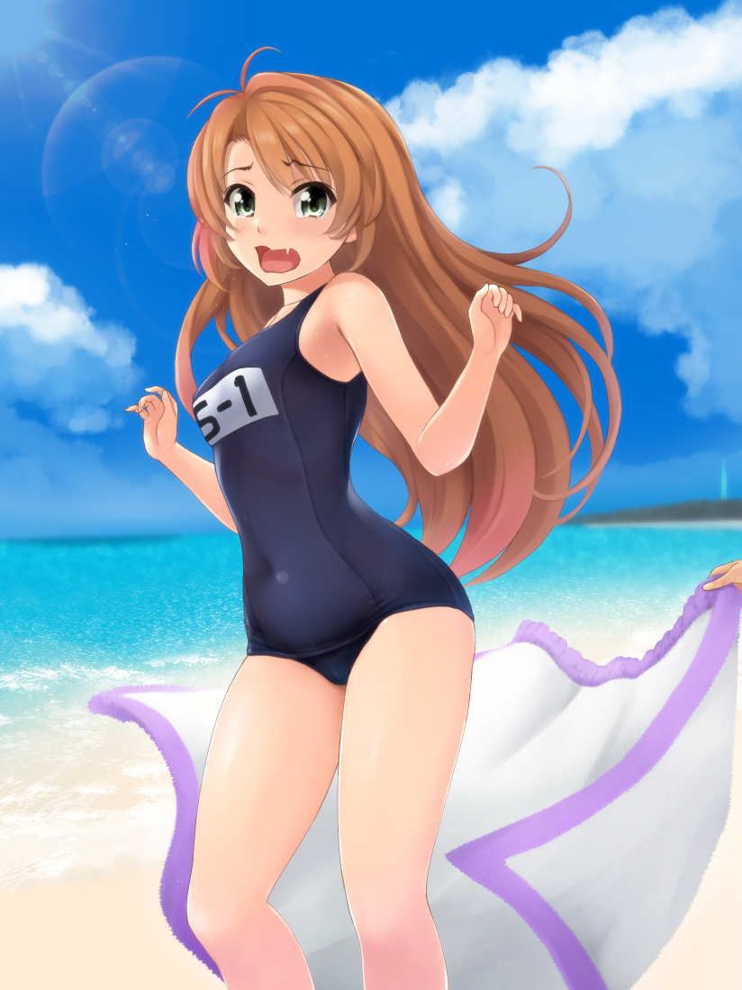 1girl antenna_hair bangs bare_arms bare_legs bare_shoulders black_swimsuit blue_sky breasts brown_hair cloud commentary_request covered_navel day eyebrows_visible_through_hair fang feet_out_of_frame green_eyes hands_up horizon koshigaya_komari long_hair medium_breasts non_non_biyori nonaka_ritsu ocean old_school_swimsuit open_mouth outdoors parted_bangs school_swimsuit sky solo_focus standing swimsuit towel very_long_hair water wavy_mouth