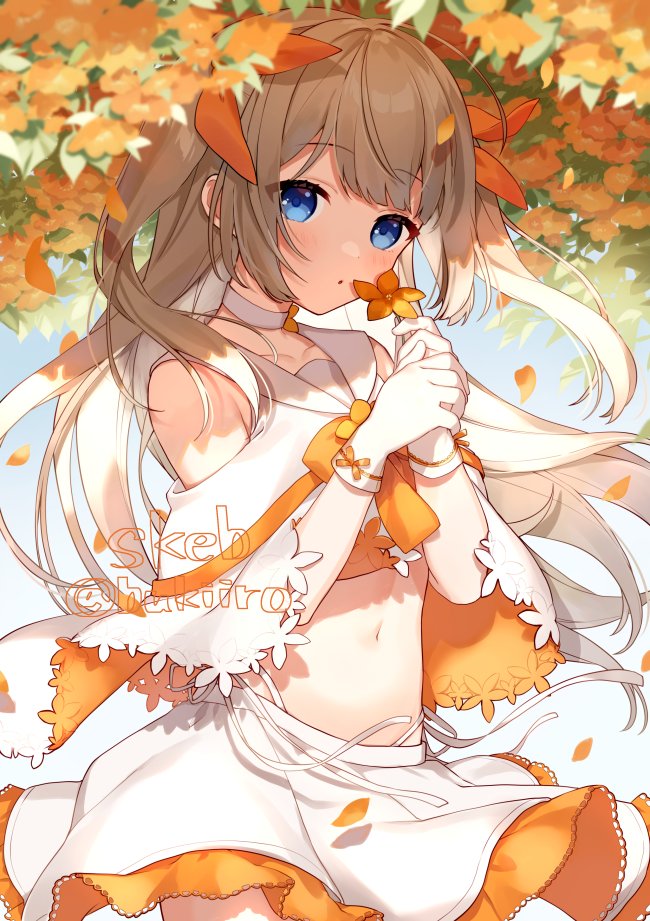 1girl :o bangs bare_shoulders blue_eyes blush brown_hair clothing_cutout commentary eyebrows_visible_through_hair flower gloves hair_ribbon hands_up holding holding_flower long_hair looking_at_viewer navel orange_flower orange_ribbon original parted_lips ribbon sailor_collar shirt shoulder_cutout skirt solo twitter_username two_side_up very_long_hair white_gloves white_sailor_collar white_shirt white_skirt yamabukiiro