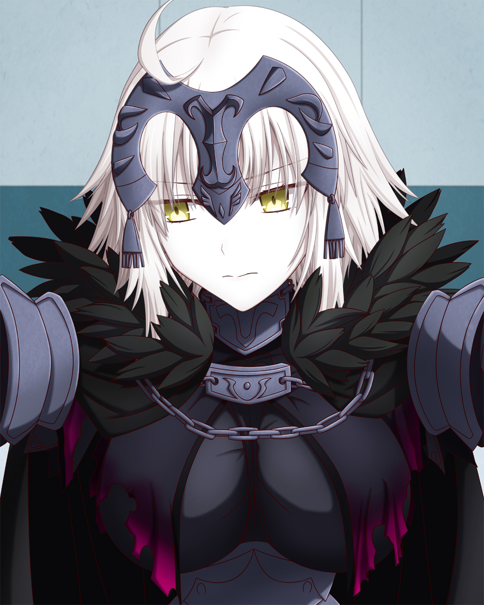 1girl ahoge blonde_hair breasts chain expressionless fate/grand_order fate_(series) feather_trim feathered_cape hasebe_akira highres jeanne_d'arc_(alter)_(fate) jeanne_d'arc_(fate)_(all) looking_to_the_side medium_breasts short_hair solo upper_body wall_slam yellow_eyes