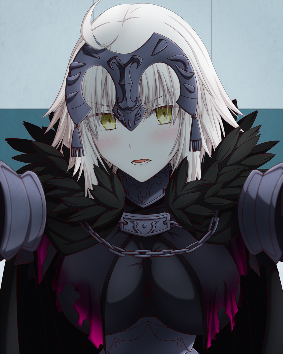 1girl ahoge blonde_hair blush breasts fate/grand_order fate_(series) feathers hasebe_akira headpiece highres jeanne_d'arc_(alter)_(fate) jeanne_d'arc_(fate)_(all) looking_at_viewer medium_breasts open_mouth short_hair solo upper_body yellow_eyes
