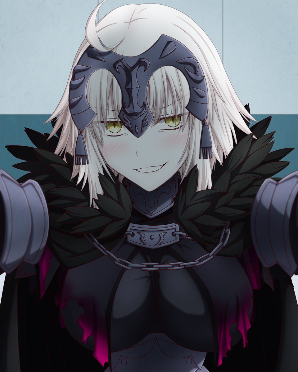 1girl ahoge blonde_hair blush breasts fate/grand_order fate_(series) feathers hasebe_akira headpiece highres jeanne_d'arc_(alter)_(fate) jeanne_d'arc_(fate)_(all) looking_at_viewer medium_breasts short_hair smirk solo upper_body yellow_eyes