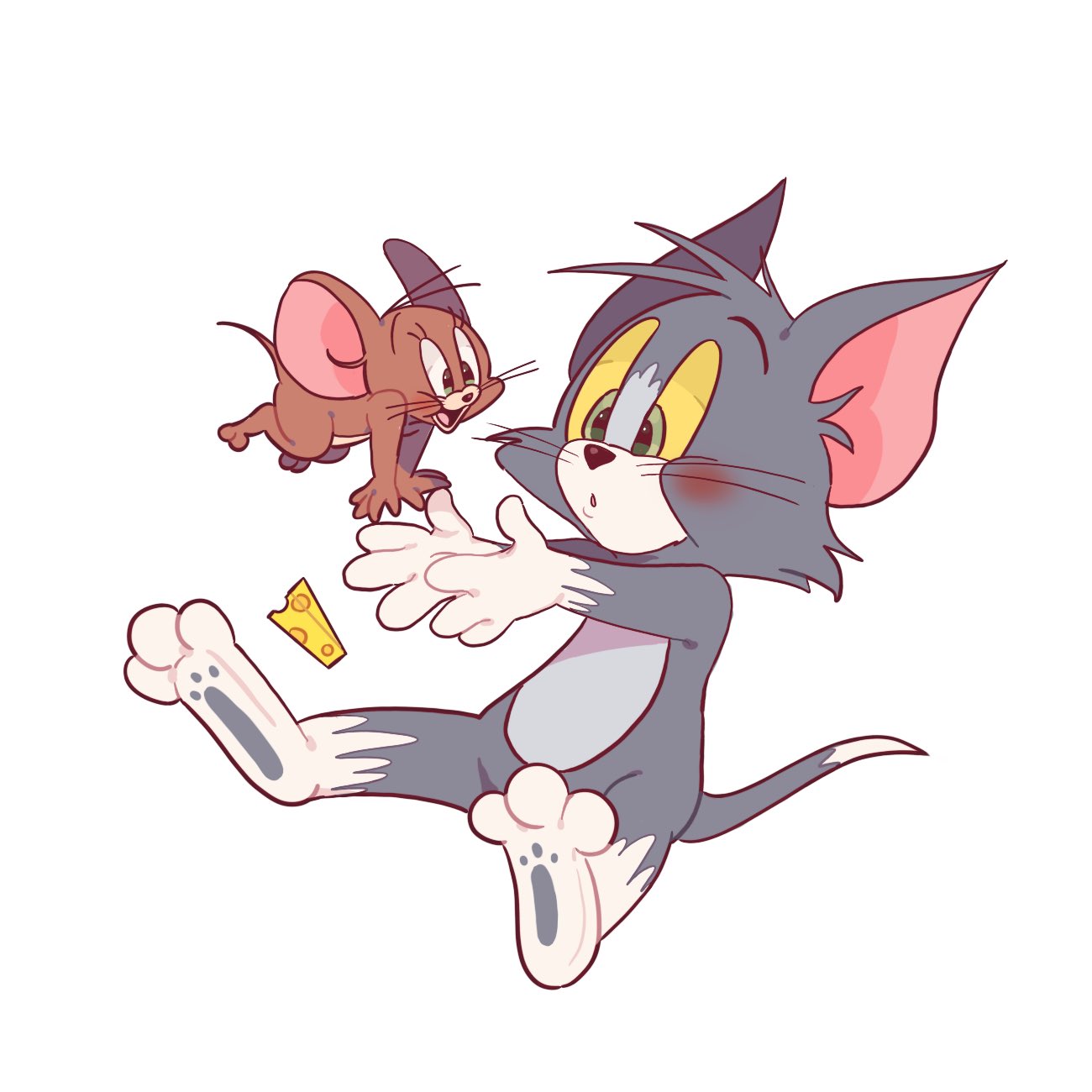 2boys animal_ears black_eyes blue_fur blush brown_fur cat_ears cat_tail cheese colored_sclera food green_eyes highres jerry_(tom_and_jerry) mouse_ears mouse_tail multiple_boys open_mouth tail tom_(tom_and_jerry) tom_and_jerry whiskers yellow_sclera yes_cheese