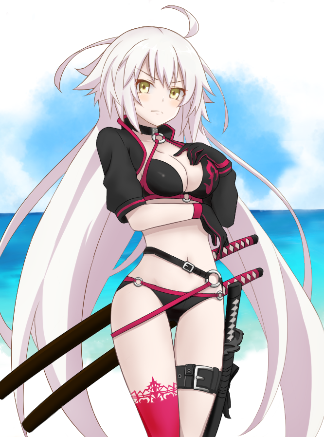 1girl ahoge bangs beach bikini black_bikini black_gloves blush breasts cloud fate/grand_order fate_(series) gloves jacket jeanne_d'arc_(alter_swimsuit_berserker)_(fate) jeanne_d'arc_(fate)_(all) katana kitara_koichi long_hair looking_at_viewer ocean silver_hair sky solo standing swimsuit sword weapon yellow_eyes