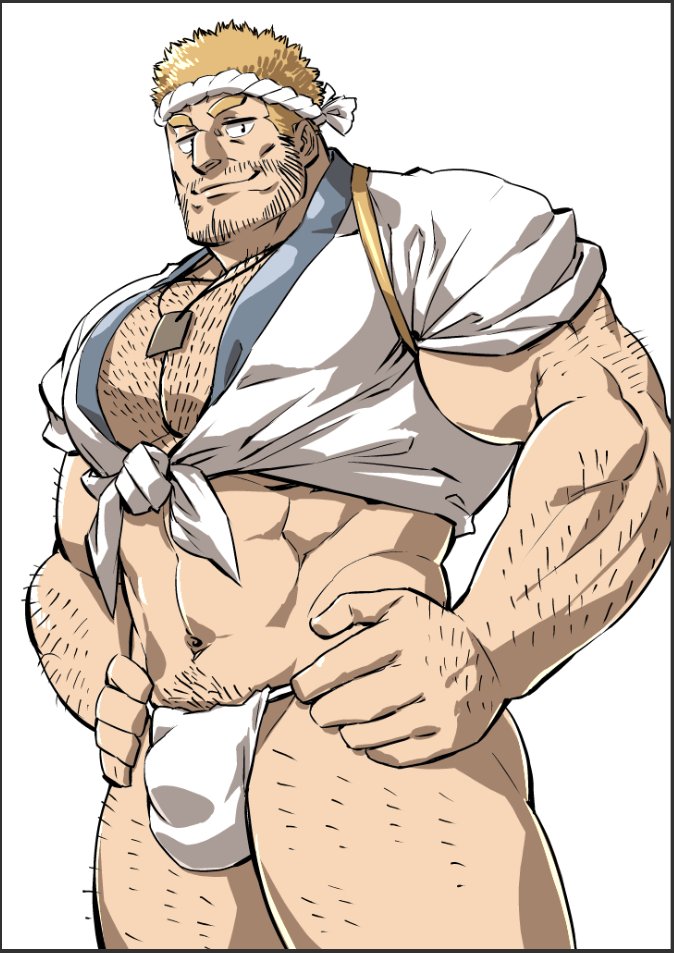 1boy abs arm_hair bara beard blonde_hair bulge character_request chest_hair dog_tags facial_hair feet_out_of_frame fundoshi hachimaki hairy happi headband japanese_clothes jewelry kimono large_pectorals leg_hair looking_at_viewer male_focus male_pubic_hair mature_male mennsuke muscular muscular_male navel navel_hair necklace pectoral_cleavage pectorals penis pubic_hair pubic_hair_peek shirt short_hair short_kimono sideburns smile smug solo stomach stubble thick_thighs thighs tied_shirt tokyo_houkago_summoners white_background white_kimono