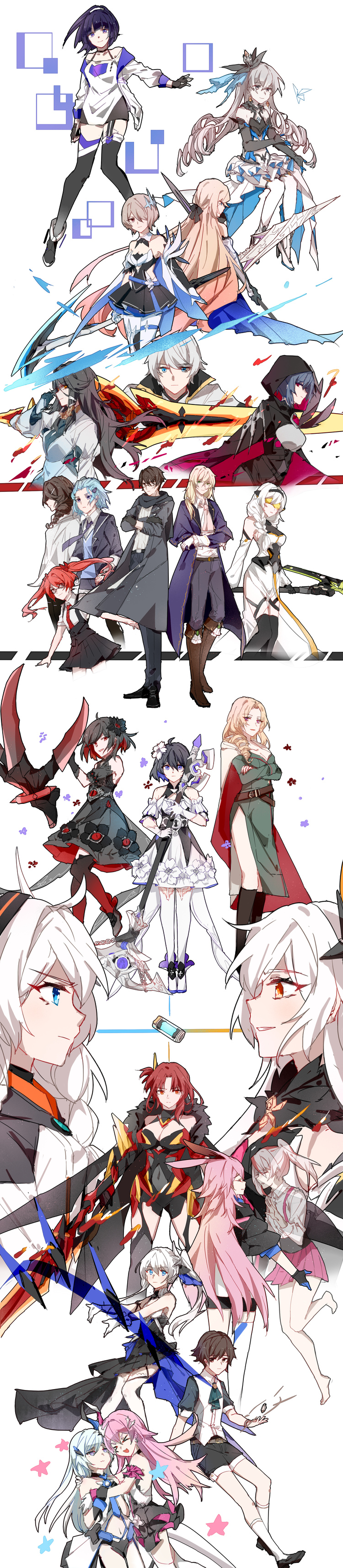 4boys 6+girls :d absurdres animal_ears antenna_hair armor armored_dress bangs bare_shoulders bianka_durandal_ataegina bianka_durandal_ataegina_(bright_knight:_excelsis) black_coat black_dress black_gloves black_hair black_legwear blindfold blonde_hair blue_butterfly blue_eyes blue_hair breasts bronya_zaychik bronya_zaychik_(herrscher_of_reason) brown_hair bug butterfly character_request claws cleavage closed_mouth coat crossed_arms disembodied_limb dress drill_hair dual_persona elbow_gloves eyebrows_visible_through_hair fingerless_gloves flaming_sword flaming_weapon flower fox_ears frederica_nikola_tesla full_body fur_collar ghost glasses gloves hair_between_eyes hair_flower hair_ornament hair_over_one_eye hairpin headband highres holding holding_lance holding_polearm holding_sword holding_weapon honkai_(series) honkai_impact_3rd hug jackal_(honkai_impact) jacket kevin_kaslana kiana_kaslana kiana_kaslana_(herrscher_of_the_void) kiana_kaslana_(white_comet) kllia lance lieserl_albert_einstein liliya_olenyeva long_hair long_image looking_at_viewer mole mole_on_breast multiple_boys multiple_girls murata_himeko murata_himeko_(vermillion_knight) necktie open_mouth otto_apocalypse pink_hair polearm ponytail purple_coat raiden_mei raiden_mei_(striker_fulminata) raven_(honkai_impact_3rd) red_eyes red_hair red_neckwear rita_rossweisse rita_rossweisse_(phantom_iron) rozaliya_olenyeva scythe seele_(alter_ego) seele_vollerei seele_vollerei_(stygian_nymph) short_hair short_sleeves siblings side_ponytail simple_background single_thighhigh sleeveless sleeveless_dress smile standing sword tall_image theresa_apocalypse theresa_apocalypse_(twilight_paladin) thighhighs twin_drills twins twintails wavy_hair weapon welt_yang white_background white_blindfold white_dress white_gloves white_hair white_legwear yae_rin yae_sakura yae_sakura_(goushinnso_memento) yellow_eyes