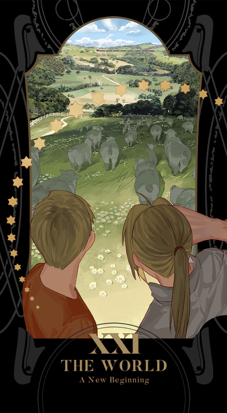 2boys alphonse_elric animal blonde_hair blue_sky brothers card_(medium) cloud cloudy_sky condensation_trail day duplicate edward_elric english_text facing_away field flock flower forest from_behind fullmetal_alchemist grass grazing_(livestock) ground_vehicle hand_to_forehead highres holy_pumpkin horizon landscape long_hair male_focus mountain multiple_boys nature orange_shirt outdoors outside_border pixel-perfect_duplicate ponytail road roman_numeral scenery sheep shirt short_hair siblings sky standing star_(symbol) tarot the_world_(tarot) train tree upper_body white_flower white_shirt