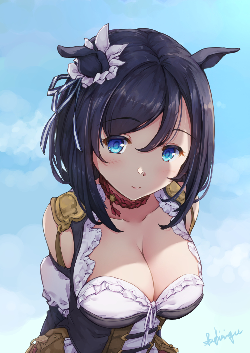 1girl animal_ears arms_behind_back artist_name black_corset black_hair blue_background blue_eyes breasts cleavage commentary_request corset dress ear_ornament eishin_flash_(umamusume) eyebrows_visible_through_hair hair_between_eyes horse_ears large_breasts light_blush looking_at_viewer sakimiya_(inschool) short_hair smile solo umamusume upper_body white_dress