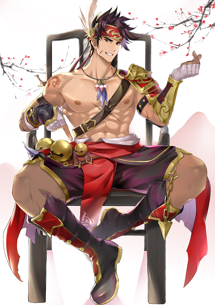 1boy abs armor bandaged_hands bandages bara bare_pectorals beckoning bell boots bracer brown_hair chain chest_harness come_hither feather_hair_ornament feather_necklace feathers finger_heart fingerless_gloves full_body gan_ning gloves hair_ornament harness headband highres knee_boots large_pectorals leather male_focus muscular muscular_male navel nipples on_chair pauldrons pectorals pelvic_curtain pmoazi pointing pointing_at_self purple_shorts scar scar_on_cheek scar_on_face scar_on_stomach seductive_smile shin_sangoku_musou short_hair shorts shoulder_armor shoulder_tattoo sidelocks single_bare_shoulder sitting smile solo spiked_hair stomach tattoo thighs tree