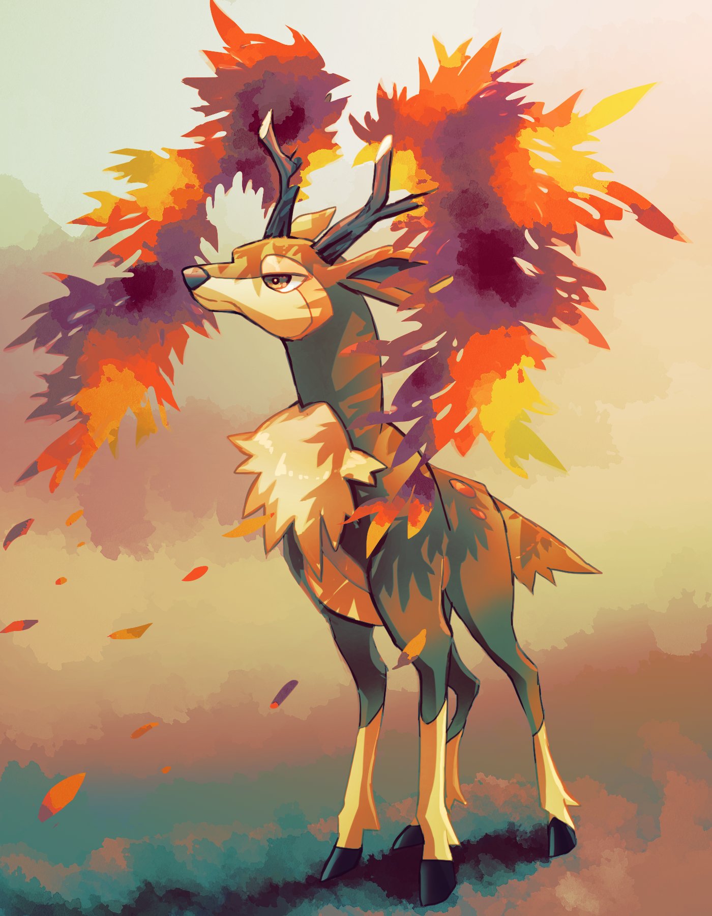 antlers closed_mouth commentary_request deer full_body fusenryo highres leaves_in_wind looking_up no_humans pokemon pokemon_(creature) sawsbuck sawsbuck_(autumn) solo standing