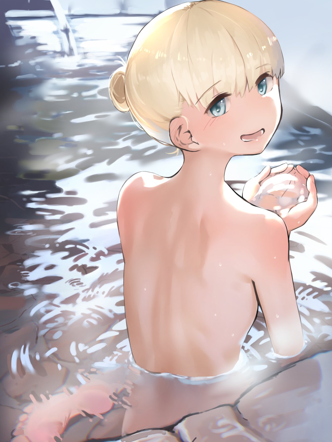 1girl blonde_hair blue_eyes blush character_request check_character eyebrows_visible_through_hair hair_bun highres holding_water in_water kabayaki_namazu kantai_collection looking_at_viewer looking_back nude onsen original ripples shin'you_(kancolle) sitting solo toes water
