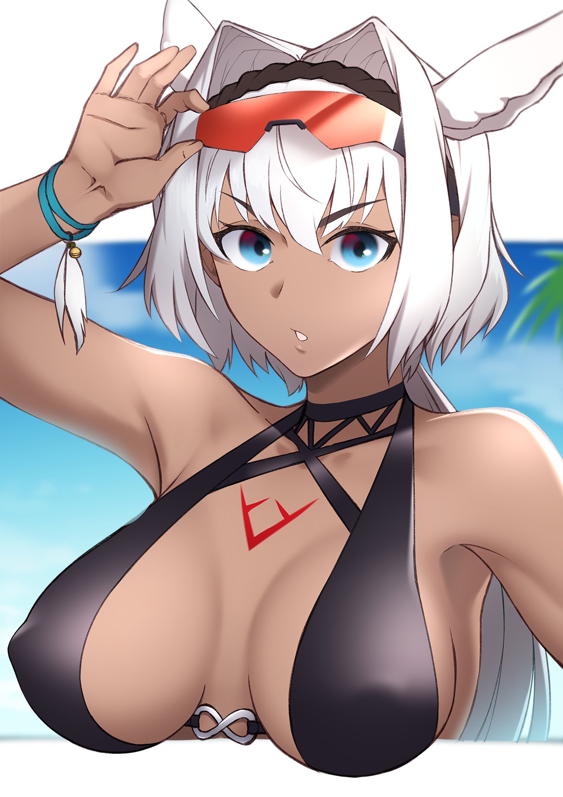 1girl black_swimsuit blue_eyes breasts caenis_(fate) caenis_(swimsuit_rider)_(fate) dark-skinned_female dark_skin eyebrows_visible_through_hair fate/grand_order fate_(series) hair_between_eyes hair_ornament highres large_breasts looking_at_viewer mku ornament ponytail short_hair sunglasses swimsuit tattoo white_hair