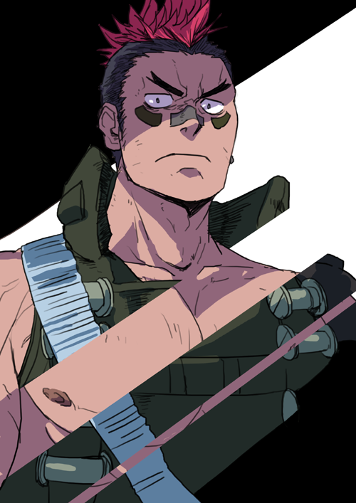 1boy absol_(dkqthf) bandaid bandaid_on_nose bara black_hair kill_la_kill kinagase_tsumugu looking_at_viewer male_focus manly maou_abusorun mohawk multicolored_hair muscular muscular_male open_clothes open_shirt pectoral_focus pectorals red_hair short_hair simple_background toned toned_male two-tone_hair