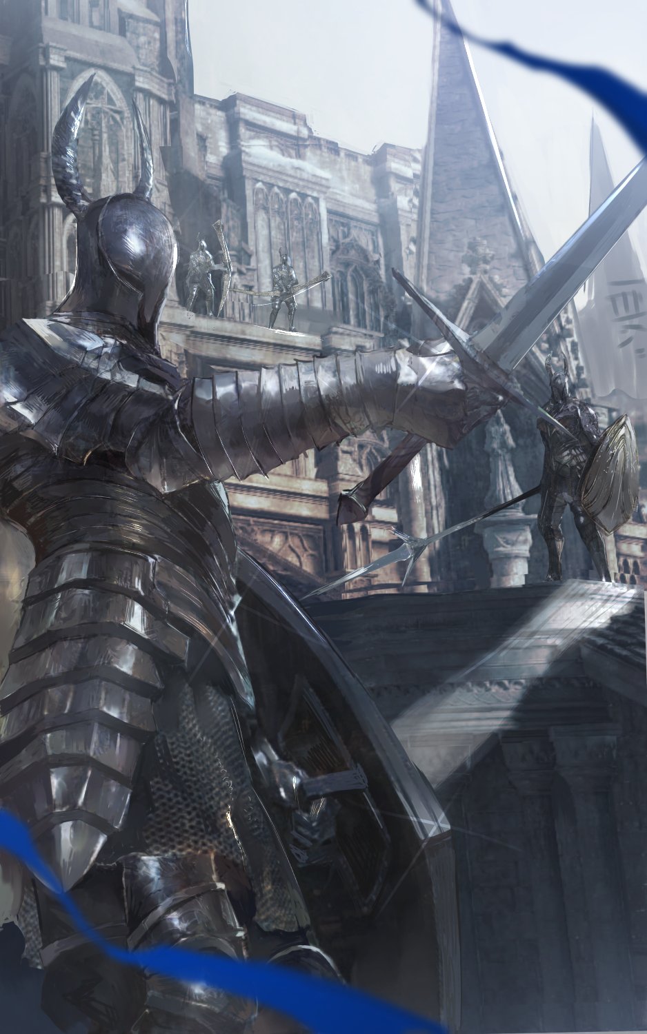 4others ambiguous_gender armor blue_ribbon bow bow_(weapon) building dark_souls_(series) dark_souls_iii day full_armor helmet highres holding holding_bow_(weapon) holding_lance holding_polearm holding_shield holding_sword holding_weapon lance large_bow mono_(jdaj) multiple_boys multiple_others outdoors polearm ribbon scenery shield shiny silver_knight_(dark_souls) sky sword weapon