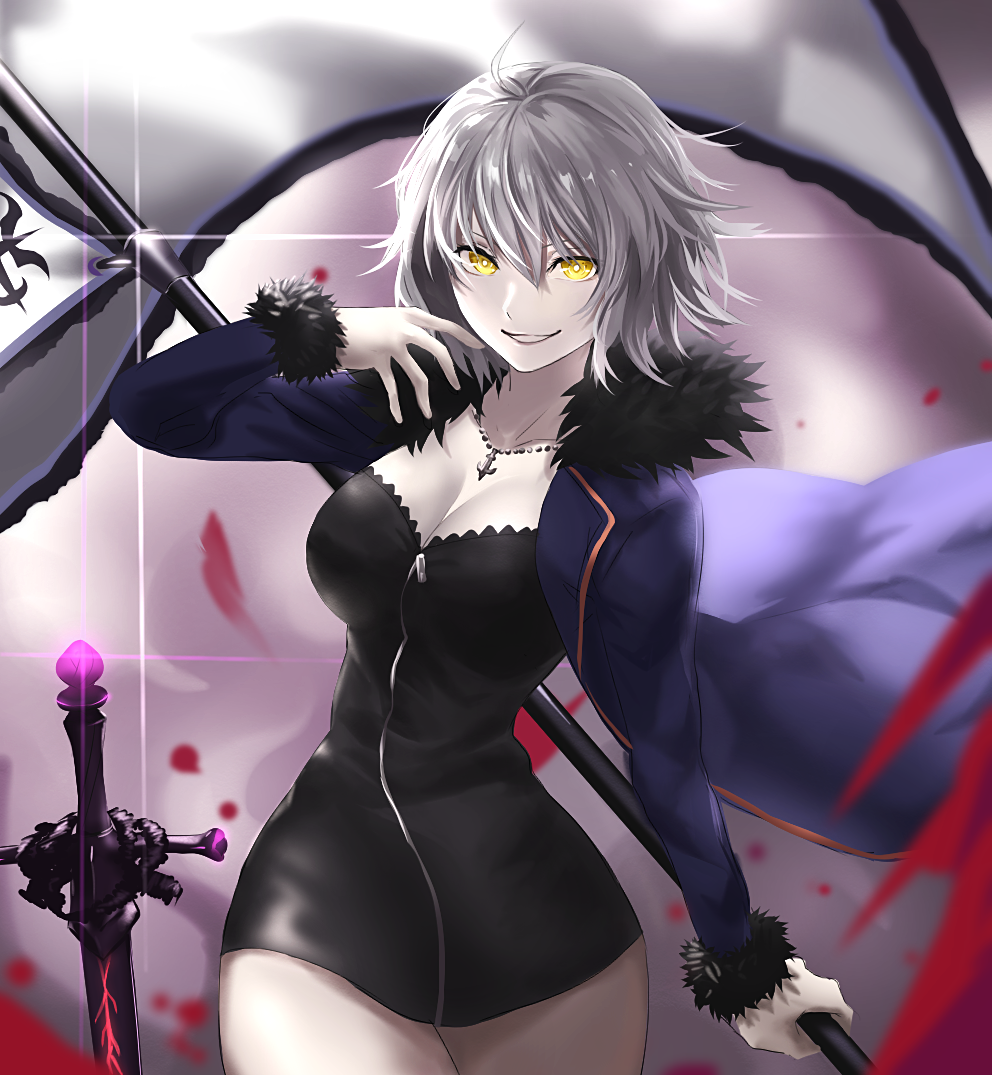 1girl ahoge arm_up bangs bare_legs breasts eyebrows_behind_hair fate/grand_order fate_(series) flag hair_between_eyes herigaru_(fvgyvr000) holding holding_flag holding_weapon jeanne_d'arc_(alter)_(fate) jeanne_d'arc_(fate)_(all) jewelry large_breasts looking_at_viewer necklace open_mouth short_hair silver_hair sleeveless smile solo sword weapon wicked_dragon_witch_ver._shinjuku_1999 yellow_eyes