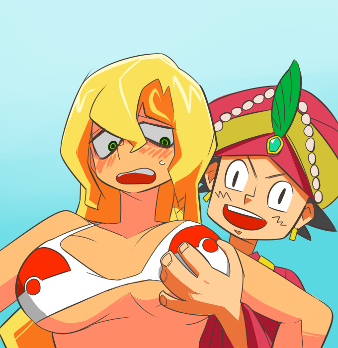 1boy 1girl ash_ketchum bangs bikini black_hair blonde_hair blue_background blush breast_grab breasts commentary_request cookie_(touhou) feathers grabbing green_eyes green_feathers hetero kirisame_marisa large_breasts long_hair looking_at_another mars_(cookie) open_mouth poke_ball_print pokemon scotch_(cookie) short_hair swimsuit touhou turban upper_body v-shaped_eyebrows white_bikini