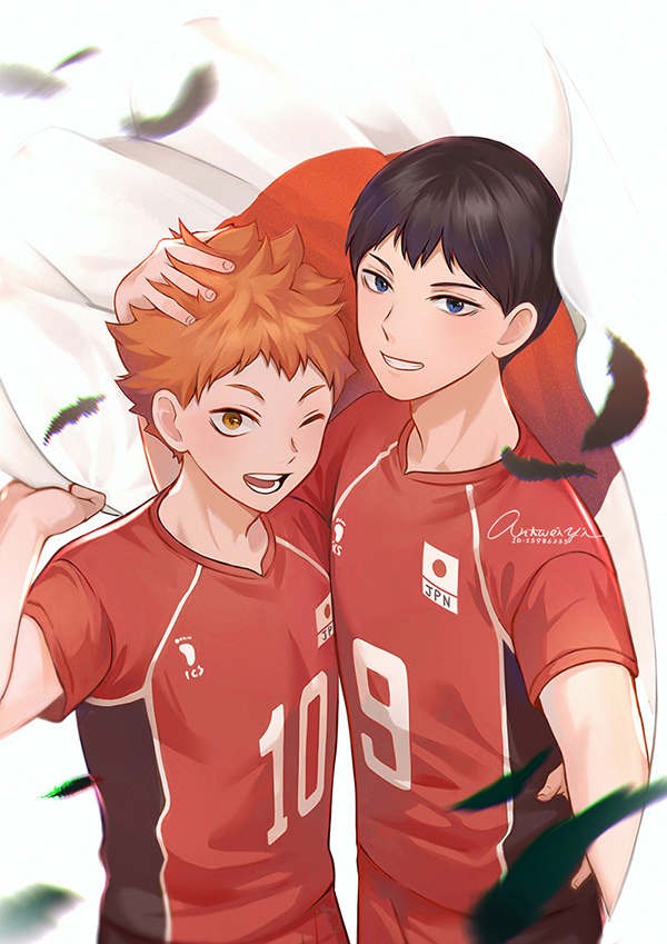 2boys antweiyi black_feathers black_hair blue_eyes cape falling_feathers feathers haikyuu!! hand_on_another's_head headpat hinata_shouyou holding holding_cape kageyama_tobio looking_at_viewer male_focus multiple_boys one_eye_closed open_mouth orange_eyes orange_hair red_shirt shirt short_hair smile sportswear teeth upper_body volleyball_uniform white_cape