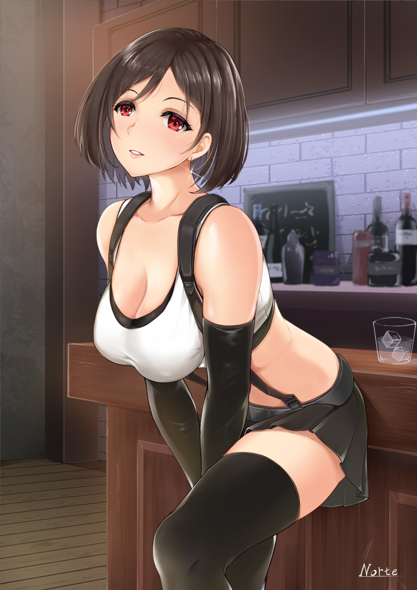 1girl alcohol alternate_hair_length alternate_hairstyle arms_between_legs bangs bar bare_shoulders black_legwear black_skirt bob_cut bottle breasts brown_hair cleavage collarbone counter covered_navel crop_top cup drinking_glass earrings elbow_gloves final_fantasy final_fantasy_vii gloves hair_between_eyes jewelry large_breasts long_hair looking_at_viewer miniskirt norte parted_lips pleated_skirt red_eyes short_hair skirt solo suspender_skirt suspenders tank_top thighhighs tifa_lockhart v_arms white_tank_top zettai_ryouiki