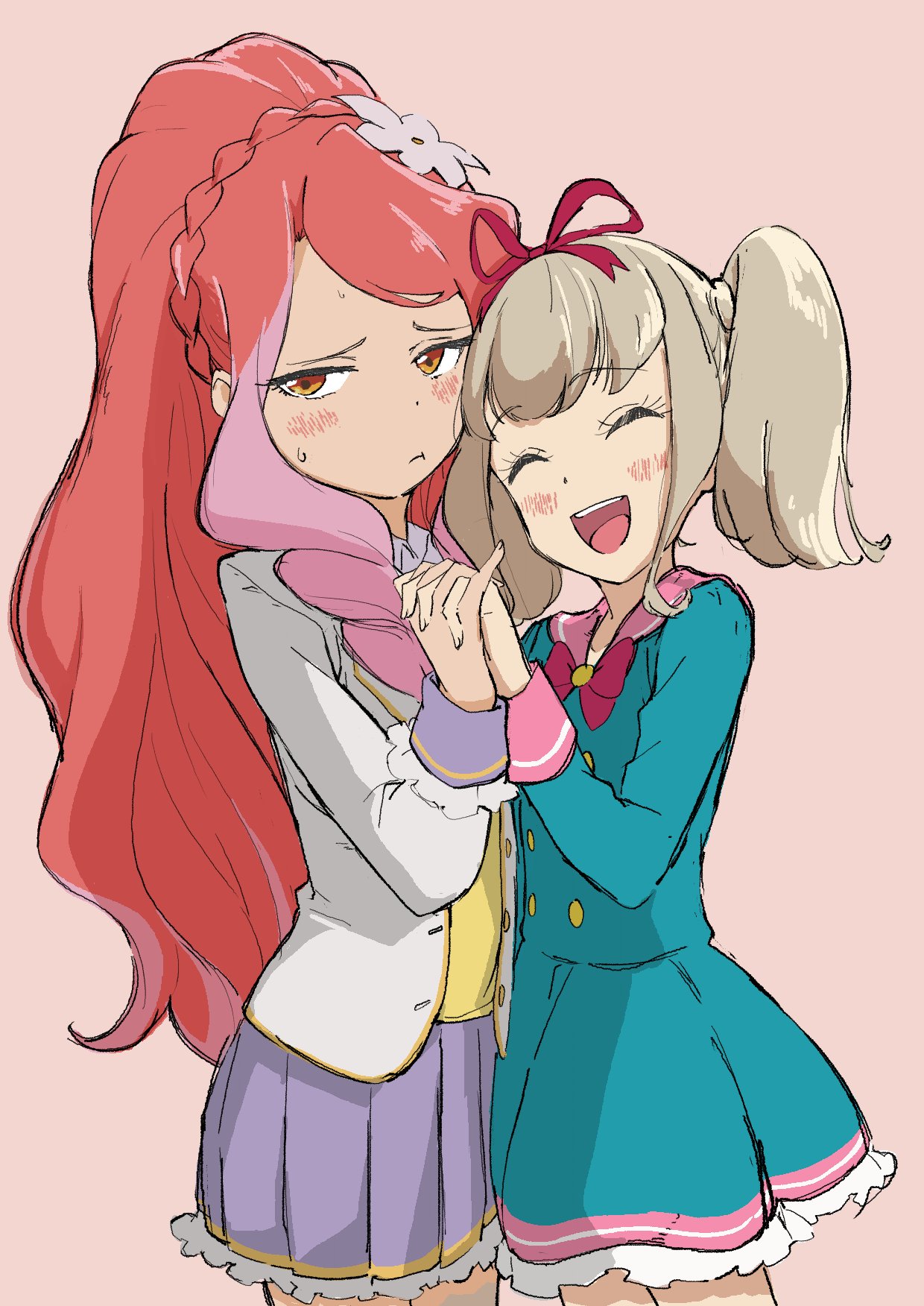 2girls :d :t aikatsu!_(series) aikatsu_on_parade! big_hair blue_dress blush buttons closed_eyes closed_mouth dot_nose double-breasted dress elza_forte embarrassed facing_viewer flower grey_hair hair_flower hair_ornament hair_ribbon highres holding_hands interlocked_fingers jacket kiseki_raki long_hair long_sleeves miniskirt multiple_girls open_clothes open_jacket open_mouth osame pink_background pleated_skirt ponytail purple_skirt red_hair red_ribbon ribbon simple_background skirt smile sweatdrop twintails very_long_hair white_flower white_jacket