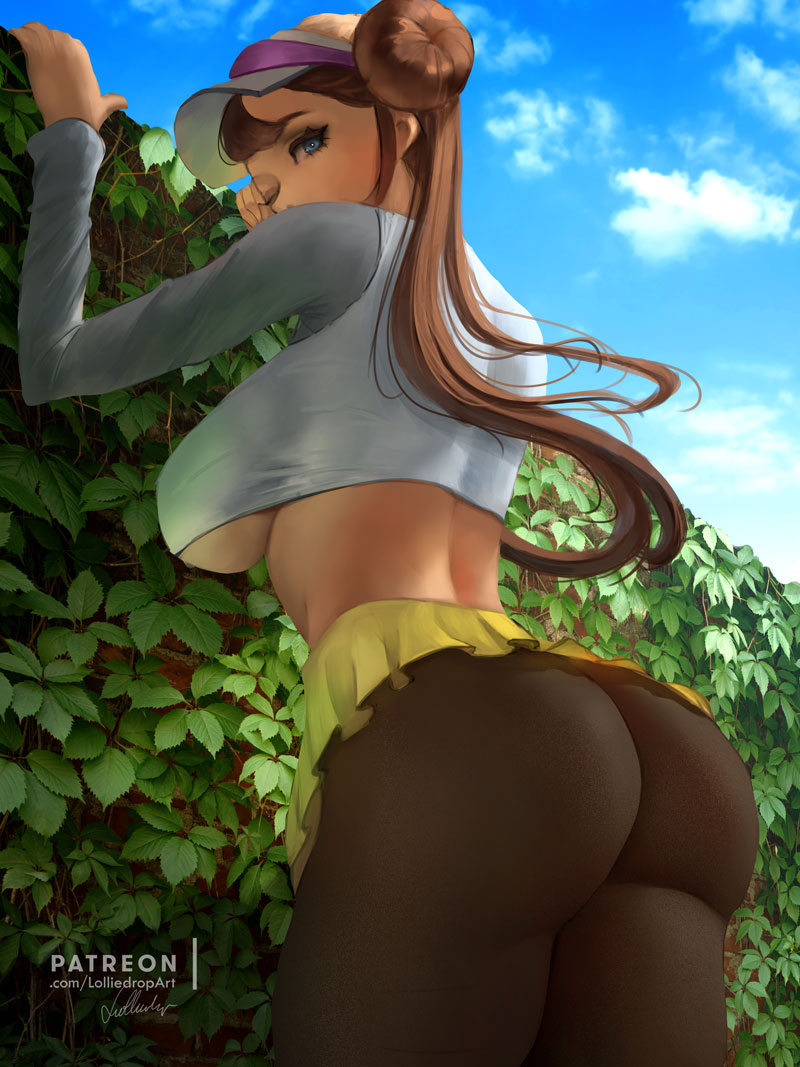 1girl artist_name ass back bangs black_legwear blue_eyes breasts brown_hair commentary cowboy_shot cropped_sweater curvy english_commentary eyelashes hair_bun large_breasts lolliedrop long_hair long_sleeves looking_at_viewer looking_back miniskirt one_eye_closed outdoors pantyhose patreon_username plant pokemon raglan_sleeves rosa_(pokemon) signature skirt solo sunlight taut_clothes taut_sweater thick_thighs thighs underboob vines visor_cap watermark web_address yellow_skirt