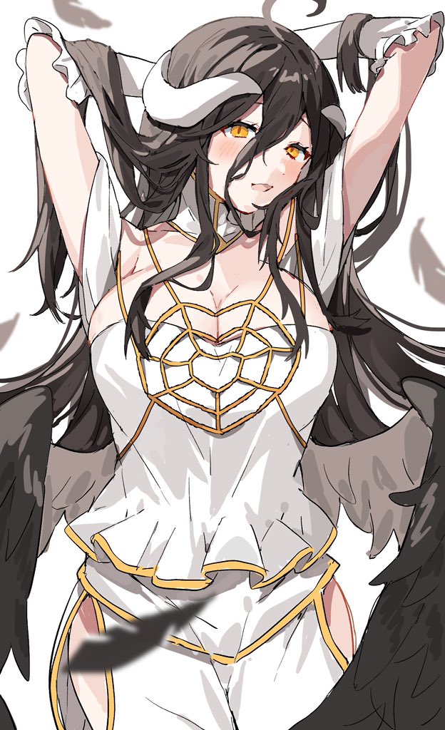 1girl ahoge albedo_(overlord) arms_up bangs black_feathers black_hair black_wings blush breasts cleavage demon_girl dress elbow_gloves feathers gloves hair_between_eyes hip_vent horns inu_(puputizy) large_breasts long_hair looking_at_viewer low_wings overlord_(maruyama) parted_lips simple_background slit_pupils solo very_long_hair white_background white_dress white_gloves white_horns wings yellow_eyes