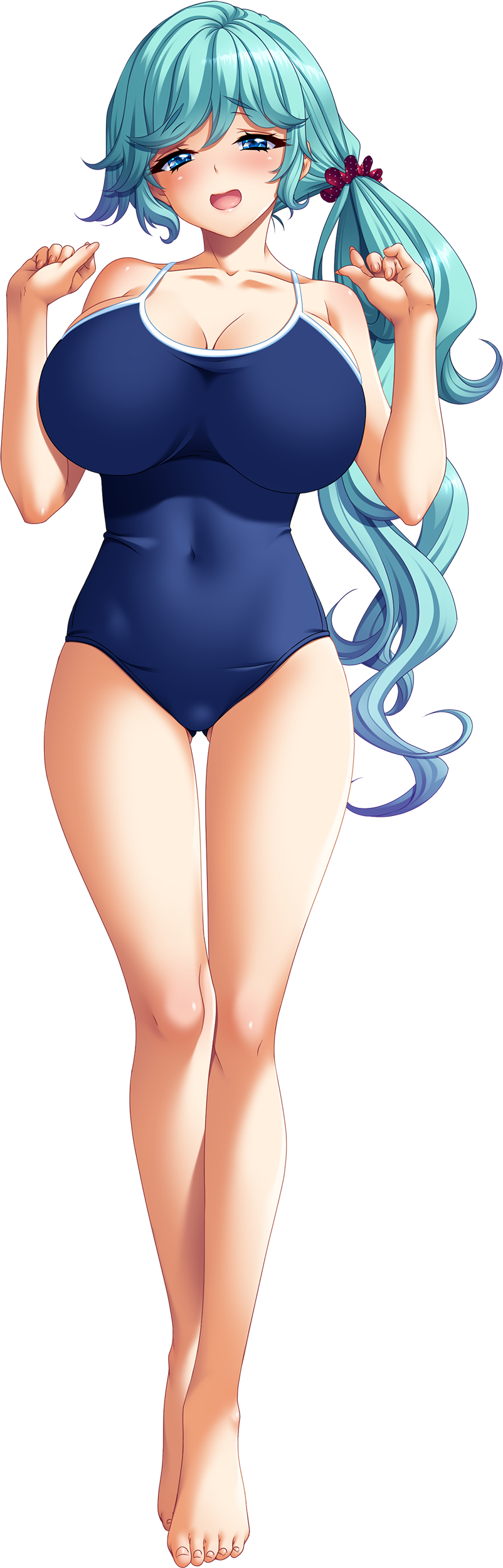 1girl absurdres akagi_rio barefoot blue_eyes blue_swimsuit blush breasts casual_one-piece_swimsuit collarbone covered_navel eyebrows_visible_through_hair full_body hair_ornament hair_scrunchie highres huge_breasts kutsujoku_3 long_hair looking_at_viewer official_art one-piece_swimsuit open_mouth photoshop_(medium) scrunchie side_ponytail solo swimsuit tachi-e tamai_tsugumi transparent_background w_arms