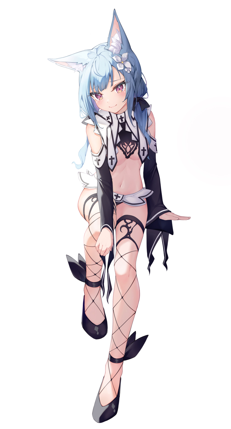 1girl animal_ears bare_shoulders black_footwear blue_hair breasts cat_ears detached_sleeves fishnet_legwear fishnets flower full_body hair_flower hair_ornament highres long_hair long_sleeves looking_at_viewer low_twintails microskirt midriff mishuo_(misuo69421) navel no_bra original purple_eyes revealing_clothes shoes simple_background skirt small_breasts smile solo stomach thighs twintails white_background wide_sleeves