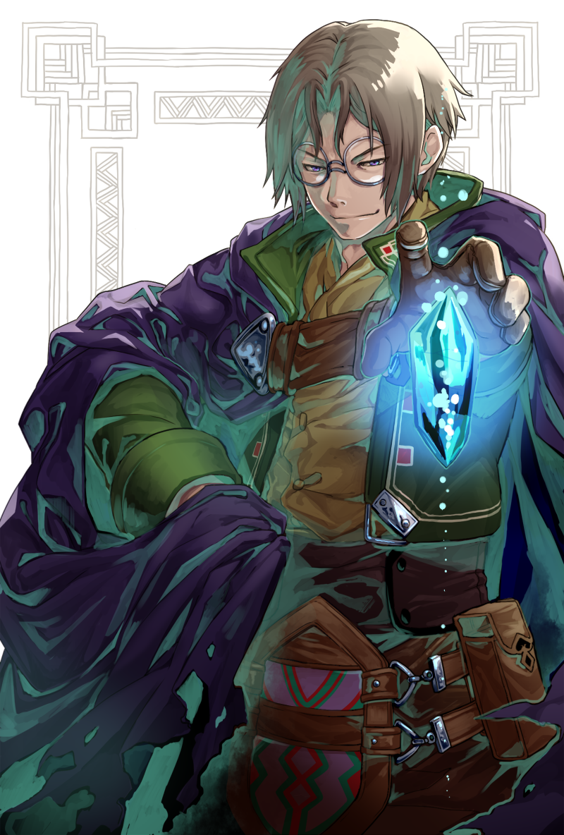 1boy belt blue_eyes brown_gloves brown_hair cape glasses gloves lezard_valeth magic short_hair socha spell valkyrie_profile