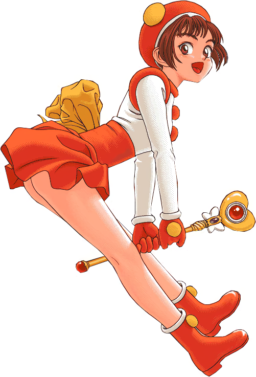 1girl bangs boots brown_eyes brown_hair dithering full_body gloves gouketsuji_ichizoku hananokouji_kurara hat holding holding_wand long_sleeves looking_at_viewer magical_girl miniskirt official_art open_mouth red_footwear red_gloves red_skirt short_hair simple_background skirt solo two-handed wand white_background