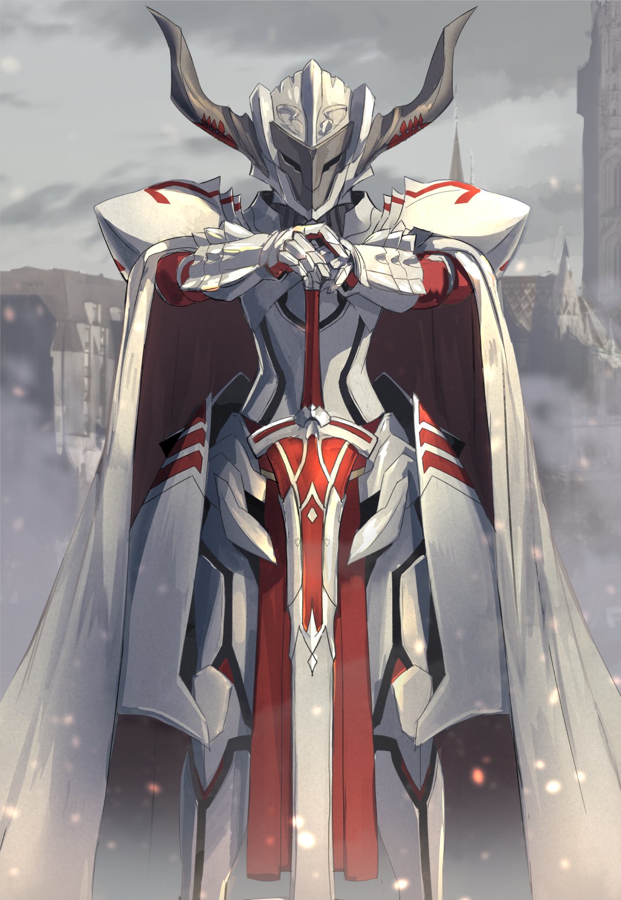 armor castle clarent cloak commentary facing_viewer fate/apocrypha fate_(series) full_armor hands_on_hilt helmet highres horns isegawa_yasutaka looking_at_viewer mordred_(fate) mordred_(fate)_(all) planted_sword planted_weapon standing sword tower weapon white_armor white_cloak