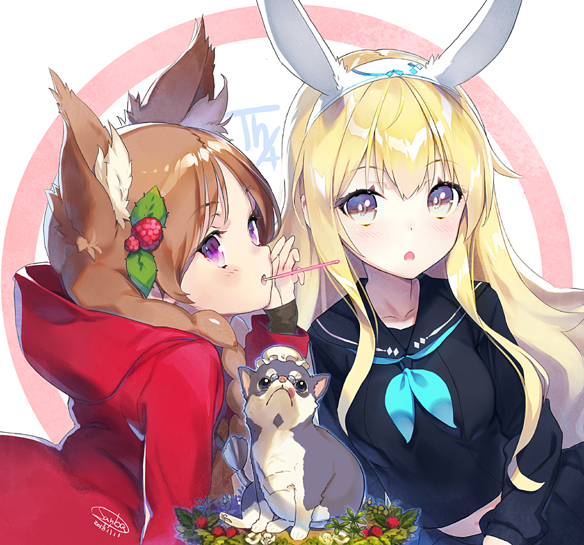 2girls :o animal animal_ear_fluff animal_ears bangs black_sailor_collar black_serafuku black_shirt black_skirt blonde_hair blue_neckwear blush braid brown_eyes bunny_ears chihuahua commentary_request dated dog eyebrows_visible_through_hair fang flower food food_in_mouth fruit hair_between_eyes hood hood_down hooded_jacket jacket light_brown_hair long_hair long_sleeves looking_at_viewer mouth_hold multiple_girls neckerchief open_mouth original parted_lips pocky pocky_day purple_eyes red_jacket revision sailor_collar sanbasou school_uniform serafuku shirt side_braid signature skirt star strawberry twin_braids very_long_hair white_flower