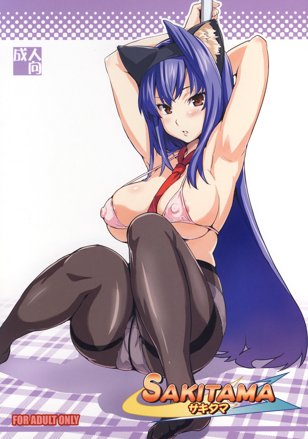 animal_ears arcana_heart areolae armpits arms_behind_head between_breasts blue_hair blush bra breasts brown_eyes cat_ears cover covered_nipples crotch_seam doujinshi hairband highres large_breasts long_hair necktie non-web_source panties panties_under_pantyhose pantyhose plaid pole pole_dancing sitting solo stripper stripper_pole takeda_hiromitsu thighband_pantyhose tsuzura_saki underwear underwear_only very_long_hair white_panties
