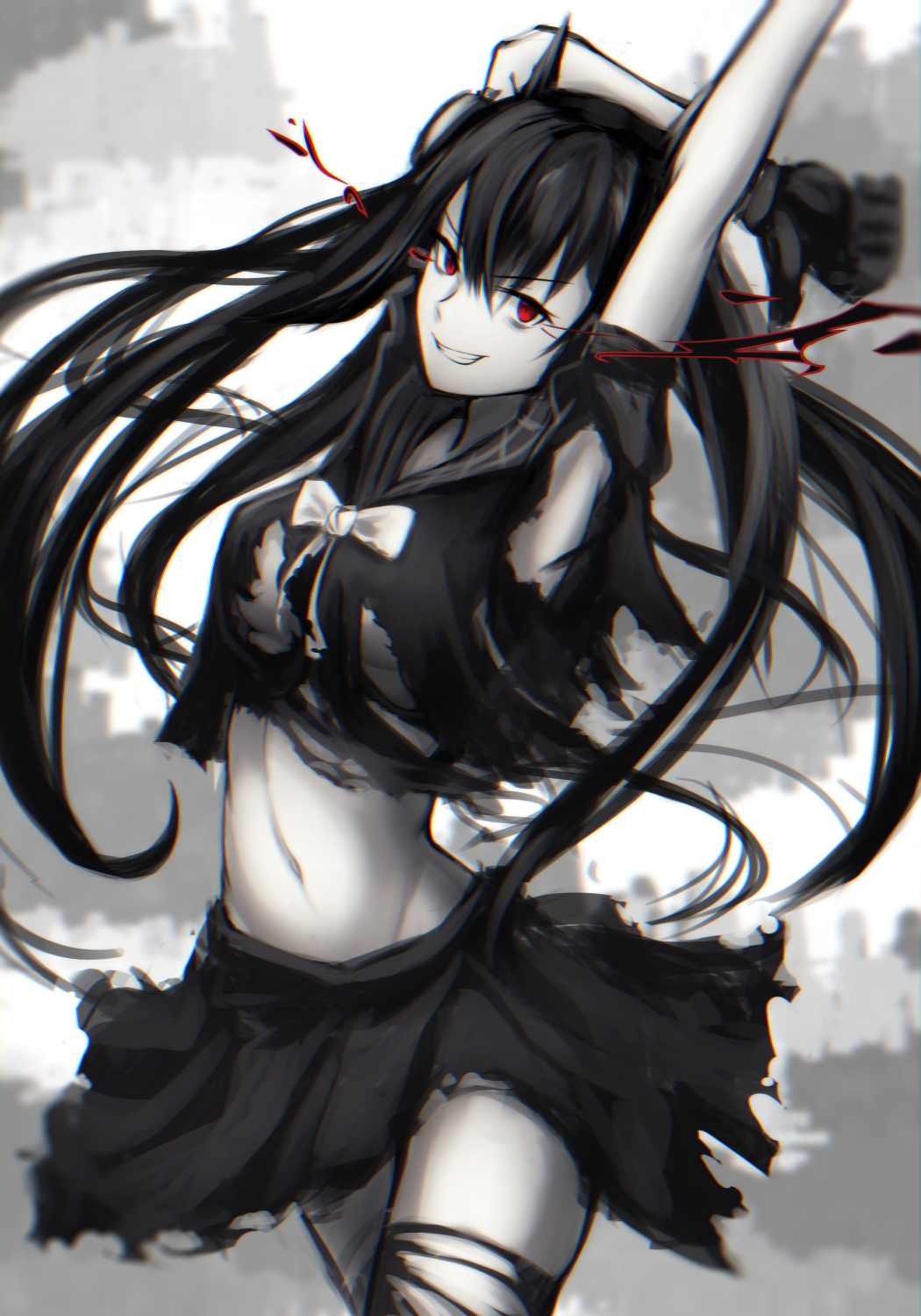 1girl black_gloves black_hair black_legwear black_shirt black_skirt bow bowtie breasts eyebrows_visible_through_hair feet_out_of_frame girls'_frontline gloves grey_background hands_up highres lodbyy long_hair looking_at_viewer medium_breasts navel ouroboros_(girls'_frontline) red_eyes shirt simple_background skirt smile solo standing thighhighs torn_clothes torn_legwear torn_shirt torn_skirt white_neckwear