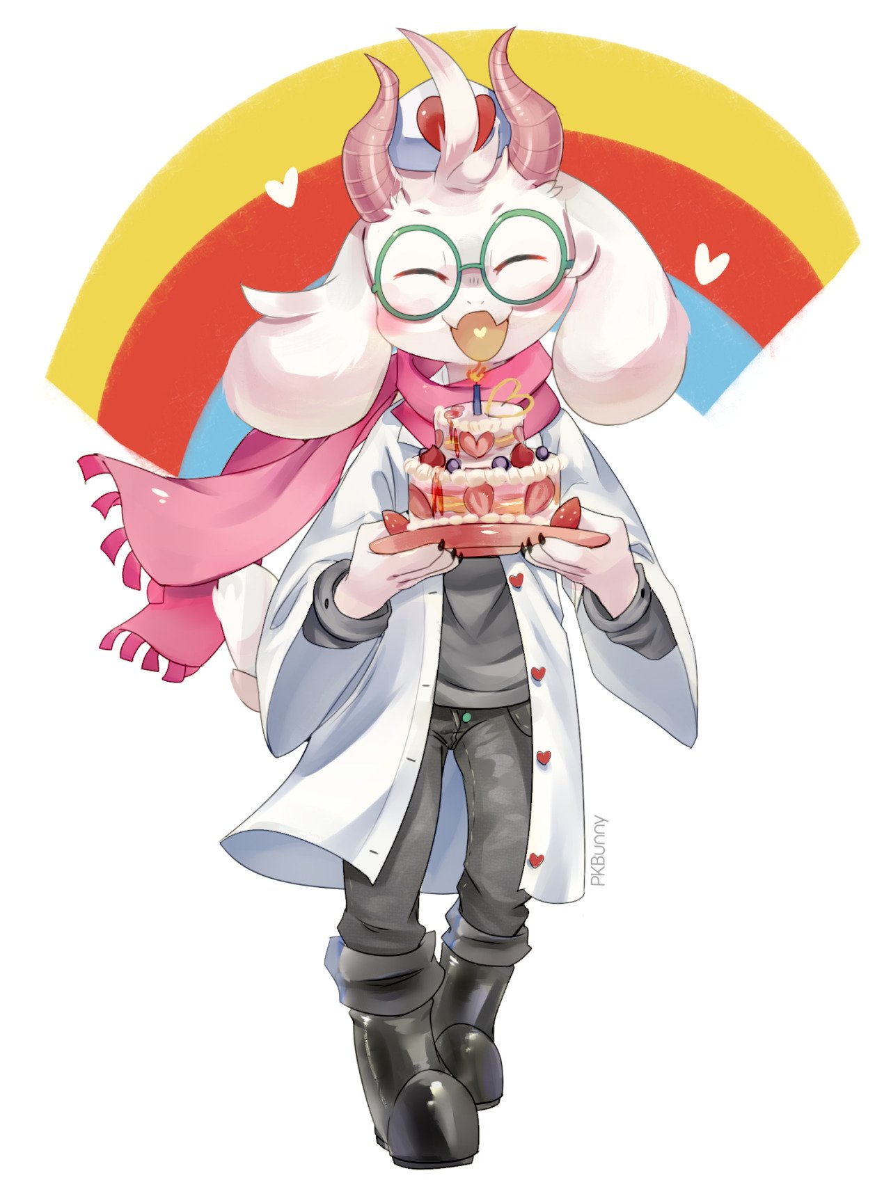 &lt;3 anthro blush cake clothed clothing deltarune dessert eyewear food glasses hi_res male nurse_clothing nurse_uniform open_mouth psibunny rainbow ralsei scarf smile solo uniform video_games