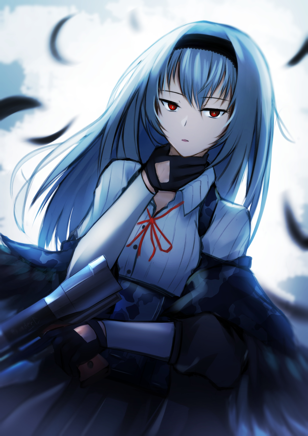 1girl black_gloves black_hairband black_skirt blue_hair closed_mouth eyebrows_visible_through_hair feathers girls'_frontline gloves gun hairband hand_on_own_neck highres holding holding_gun holding_weapon lodbyy long_hair looking_at_viewer neck_ribbon red_eyes red_ribbon ribbon shirt simple_background skirt solo suspender_skirt suspenders thunder_(girls'_frontline) weapon white_shirt