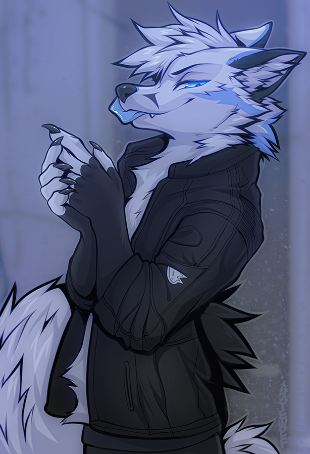 2021 5_fingers angiewolf anthro blue_eyes canid canine claws clothed clothing digital_media_(artwork) fingers fur hair looking_at_viewer male mammal smile solo white_body white_fur white_hair