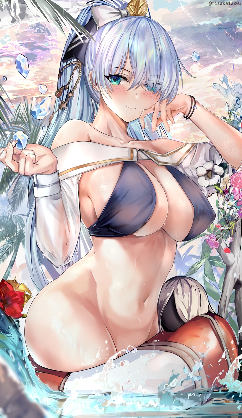 1girl anastasia_(fate) anastasia_(swimsuit_archer)_(fate) bangs bare_shoulders bikini blue_bikini blue_eyes blush bow breasts cleavage collarbone doll fate/grand_order fate_(series) hair_bow hair_over_one_eye hairband highres ice innertube jewelry large_breasts long_hair long_sleeves looking_at_viewer misako12003 necklace ponytail puffy_long_sleeves puffy_sleeves silver_hair smile swimsuit thighs very_long_hair viy_(fate) water