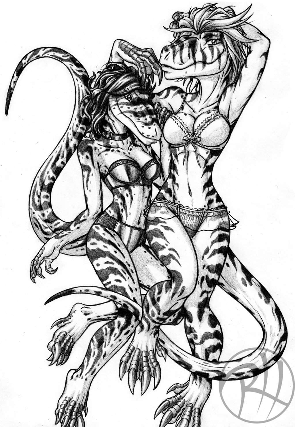 anthro anthrosaurs black_and_white breasts claws cleavage clothed clothing dinosaur dromaeosaurid duo female female/female hand_behind_head hi_res isabelle_wen lace lingerie looking_at_viewer lying melissa_(t-rex) monochrome navel non-mammal_breasts predaguy raised_arm reptile scalie simple_background smile stripes theropod toe_claws tyrannosaurid tyrannosaurus tyrannosaurus_rex velociraptor white_background