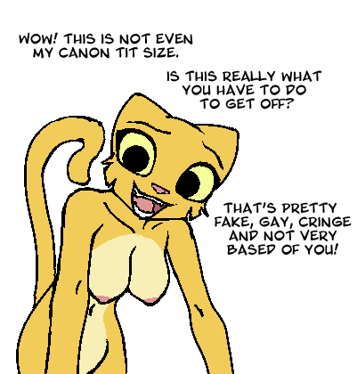 2021 anthro bethesda_softworks black_eyes breaking_the_fourth_wall breasts english_text felid female filthypally fur humor katia_managan khajiit low_res mammal mocking nipples prequel simple_background solo text the_elder_scrolls video_games webcomic white_background yellow_body yellow_fur yellow_sclera