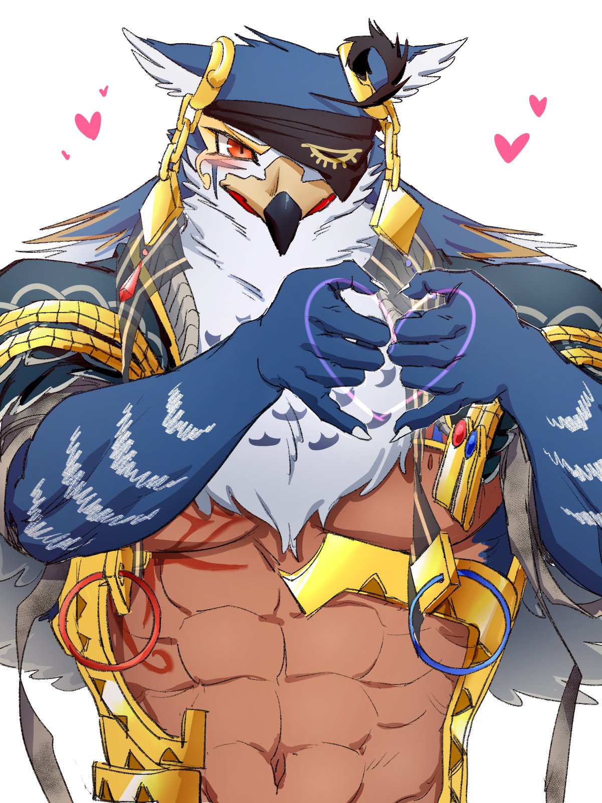 &lt;3 3:4 abs accipitrid accipitriform anthro avian beak bird blush clothing egyptian_clothing feathers furry_chu gesture hand_heart hi_res horus_(tas) jewelry lifewonders male muscular muscular_anthro muscular_male navel solo tokyo_afterschool_summoners video_games