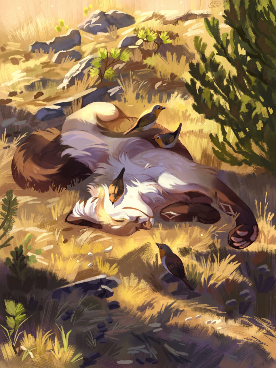 2021 avian bird brush canid canine canis detailed detailed_background detailed_foreground dry_grass feral fox fur geosaiko1267 happy hi_res in_shade lying mammal on_back orange_body orange_fur outside painting_(artwork) pawpads paws plant relaxing rock shadow solo traditional_media_(artwork) tree white_body white_fur