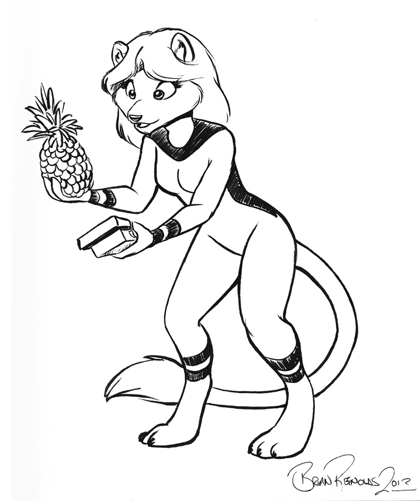 2013 anthro barefoot black_and_white breasts brian_reynolds caitian chakona_space clothed clothing feet felid female food fruit m'resk mammal monochrome open_mouth pineapple plant solo star_trek tail_tuft toonfx tuft