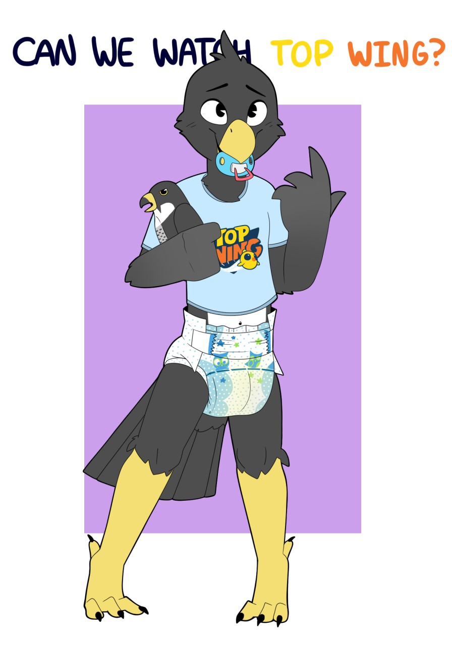anthro avian bird bodily_fluids diaper english_text falcon falconid fethyr genital_fluids hi_res male nephy_abdl_(peregrine) omorashi pacifier padded padding peeing peregrine_falcon plushie solo text top_wing urine wet wet_diaper wetting wetting_diaper
