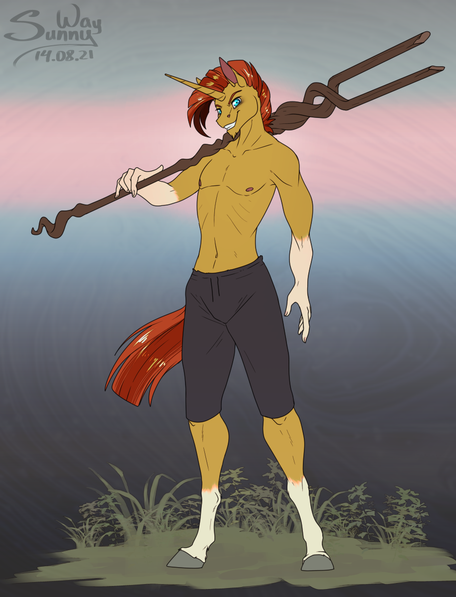 alternate_universe angry anthro clothed clothing digital_drawing_(artwork) digital_media_(artwork) equid equine evil_face friendship_is_magic happy hasbro hi_res horn horse male mammal muscular my_little_pony patreon_reward pony smile solo solo_focus staff_of_sameness sunburst_(mlp) sunny_way topless topless_male unicorn