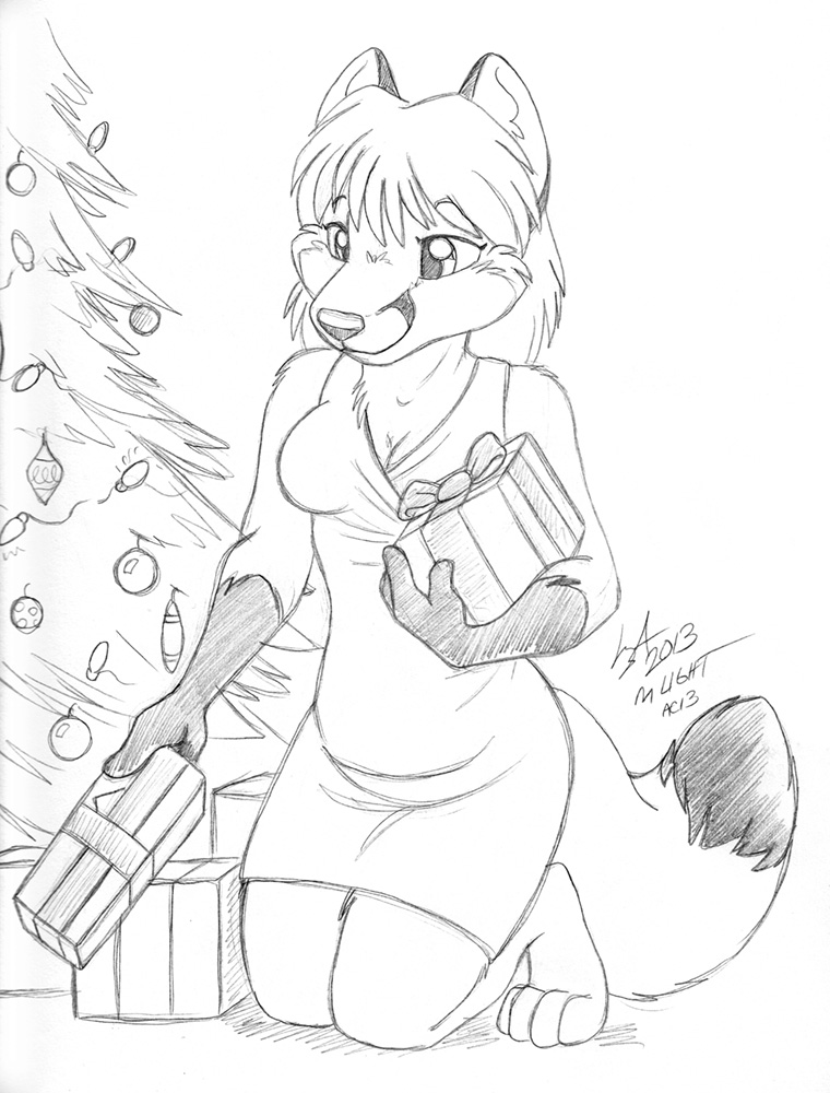 2013 bethany_oakwood breasts canid canine chakona_space christmas christmas_tree cleavage clothed clothing dipstick_tail dress fox fur gift hair holidays kneeling mammal michele_light monochrome multicolored_tail plant solo tree