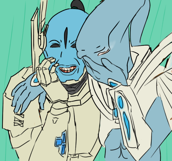 alien ambiguous_gender armor black_eyes blizzard_entertainment blue_body blue_skin crossover duo facepalm girls_laughing_(meme) green_background happy_harvey humanoid laugh meme phone_drawing protoss simple_background starcraft t'au video_games warhammer_(franchise) warhammer_40000
