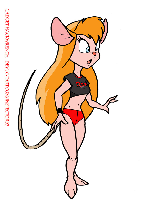 2021 anthro barefoot blonde_hair blue_eyes breasts chip_'n_dale_rescue_rangers clothing disney eyelashes feet female gadget_hackwrench hair inspector97 long_hair mammal midriff mouse murid murine navel open_mouth rodent shirt solo standing tank_top topwear underwear