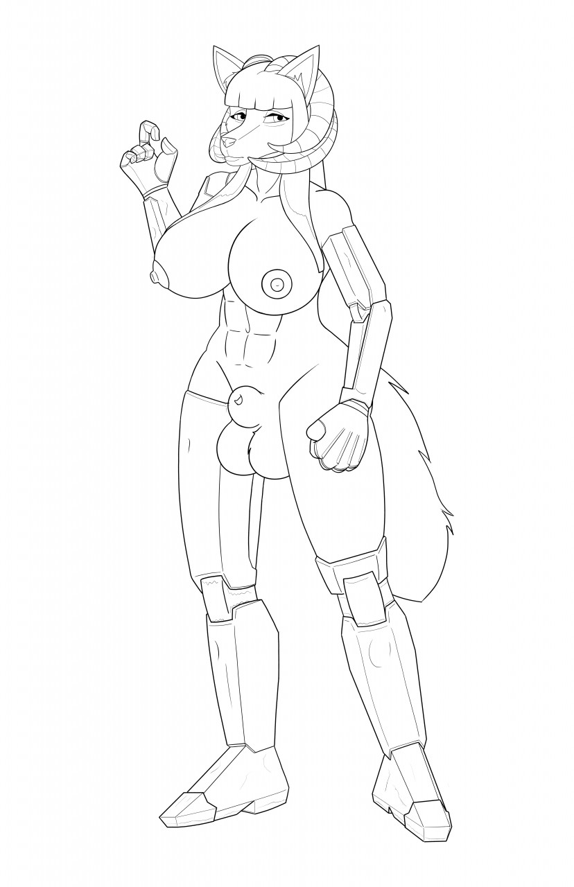 anthro balls big_balls big_breasts breasts canid canine canis colorless cybernetics cyborg genitals herm hi_res horn intersex invalid_tag line_art looking_at_viewer machine mammal maned_wolf monochrome penis robotic_arm robotic_leg robotic_legs robotic_parts skunkworth solo wide_hips wolf