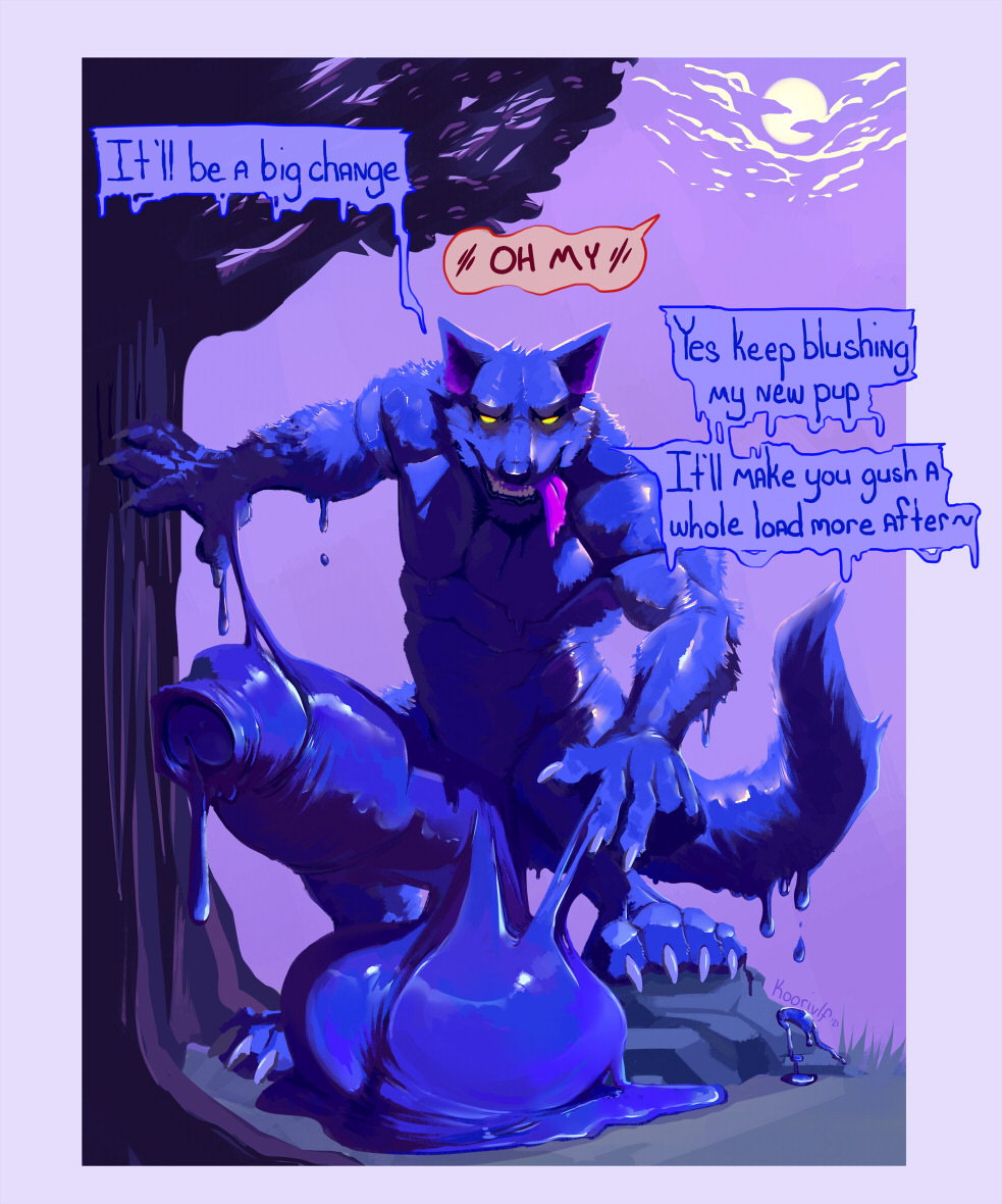 2021 anthro balls blue_body blue_fur canid canine canis detailed_background dialogue digital_drawing_(artwork) digital_media_(artwork) digitigrade dripping english_text erection first_person_view foreskin fur genitals goo_(disambiguation) goo_creature goo_transformation human human_to_anthro humanoid_genitalia humanoid_penis hyper koorivlf long_foreskin looking_at_viewer male male/male mammal muscular nude open_mouth penis plant presenting rock smile smirk solo species_transformation story story_in_description text tongue tongue_out transformation tree uncut were werecanid werecanine werewolf wolf yellow_eyes