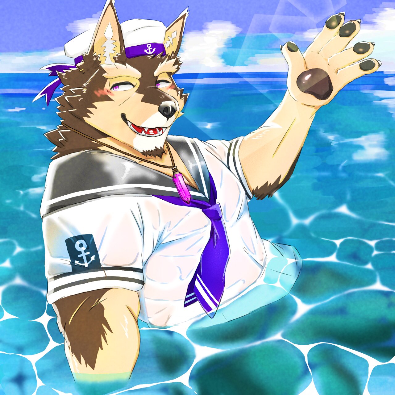 1:1 anthro blush bottomless canid canine canis clothed clothing crystal domestic_dog hi_res jewelry kannepaz lifewonders live-a-hero male mammal muscular muscular_anthro muscular_male necklace pawpads pubraseer purple_eyes sailor sailor_hat sailor_uniform solo underwater video_games water